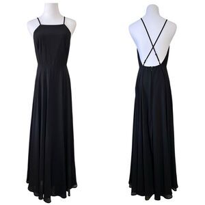 Lulu's Black Criss Cross Back‎ Chiffon A-line Long Maxi Dress SMALL Pageant Prom